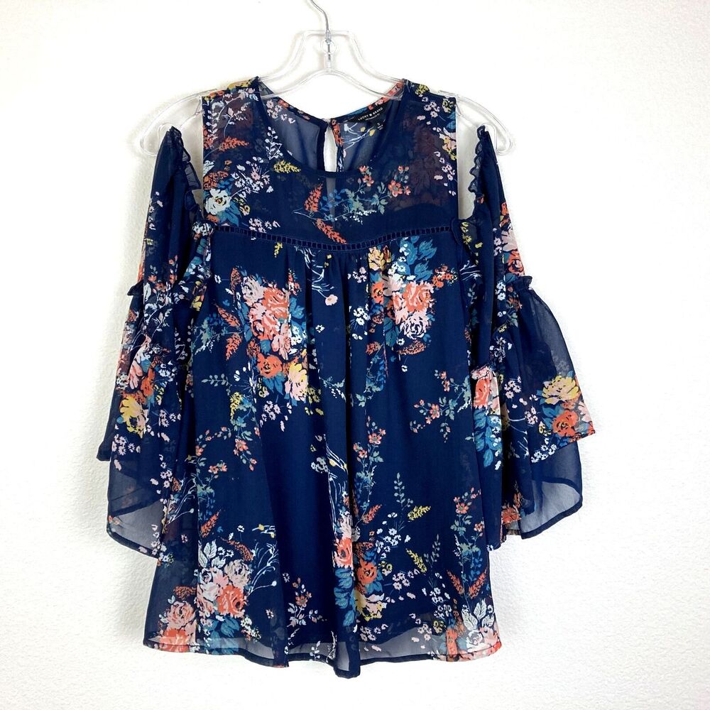 Lucky Brand Women's Cold Shoulder Top Size S Blue Lined Bell Sleeve Babydoll